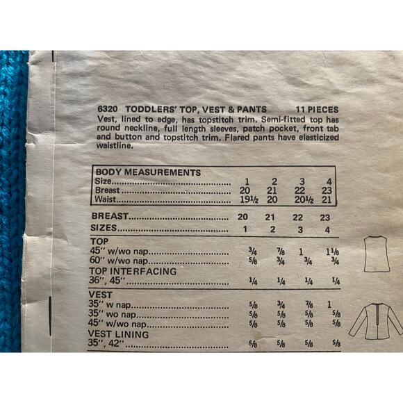 Butterick Sewing pattern 6320 toddlers top bell bottoms vest sz 1T - Picture 4 of 6